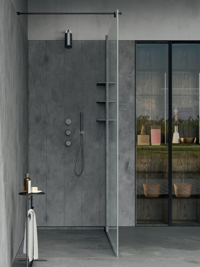 Chiusura doccia ad angolo con parete attrezzata in Corian® REXA Design