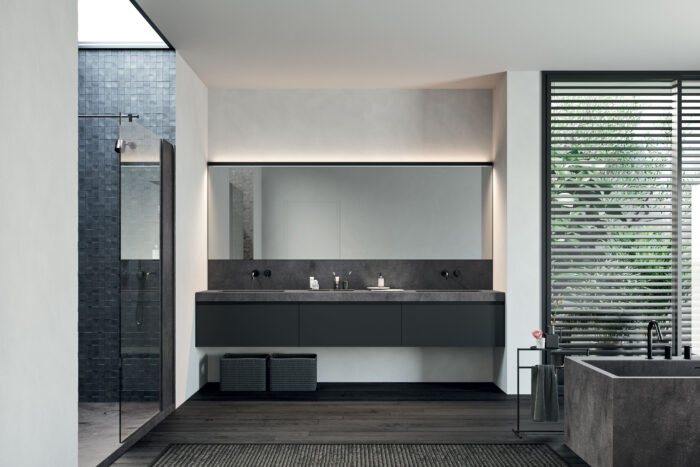 Chiusura doccia ad angolo con parete attrezzata in Corian® REXA Design